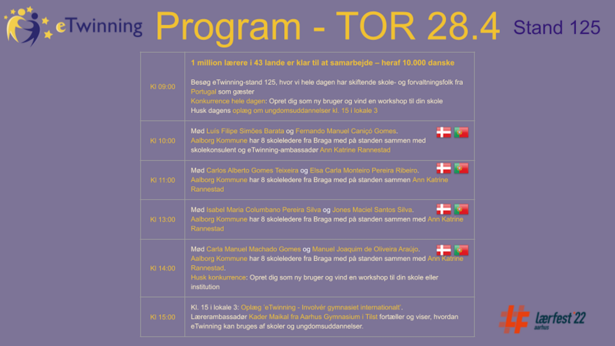Program TORSDAG 28.4 stand 125, Lærfest'22 Aarhus © eTwinning DK