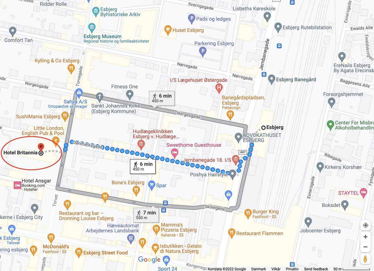 Esbjerg Station to Hotel Britannia © Google Map